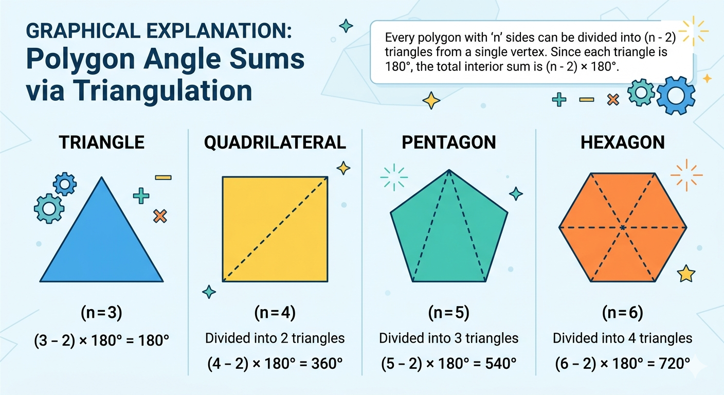 Graphical illustration showing triangulation of different polygons (triangle, quadrilateral, pentagon, hexagon) and their resulting angle sum calculations.
